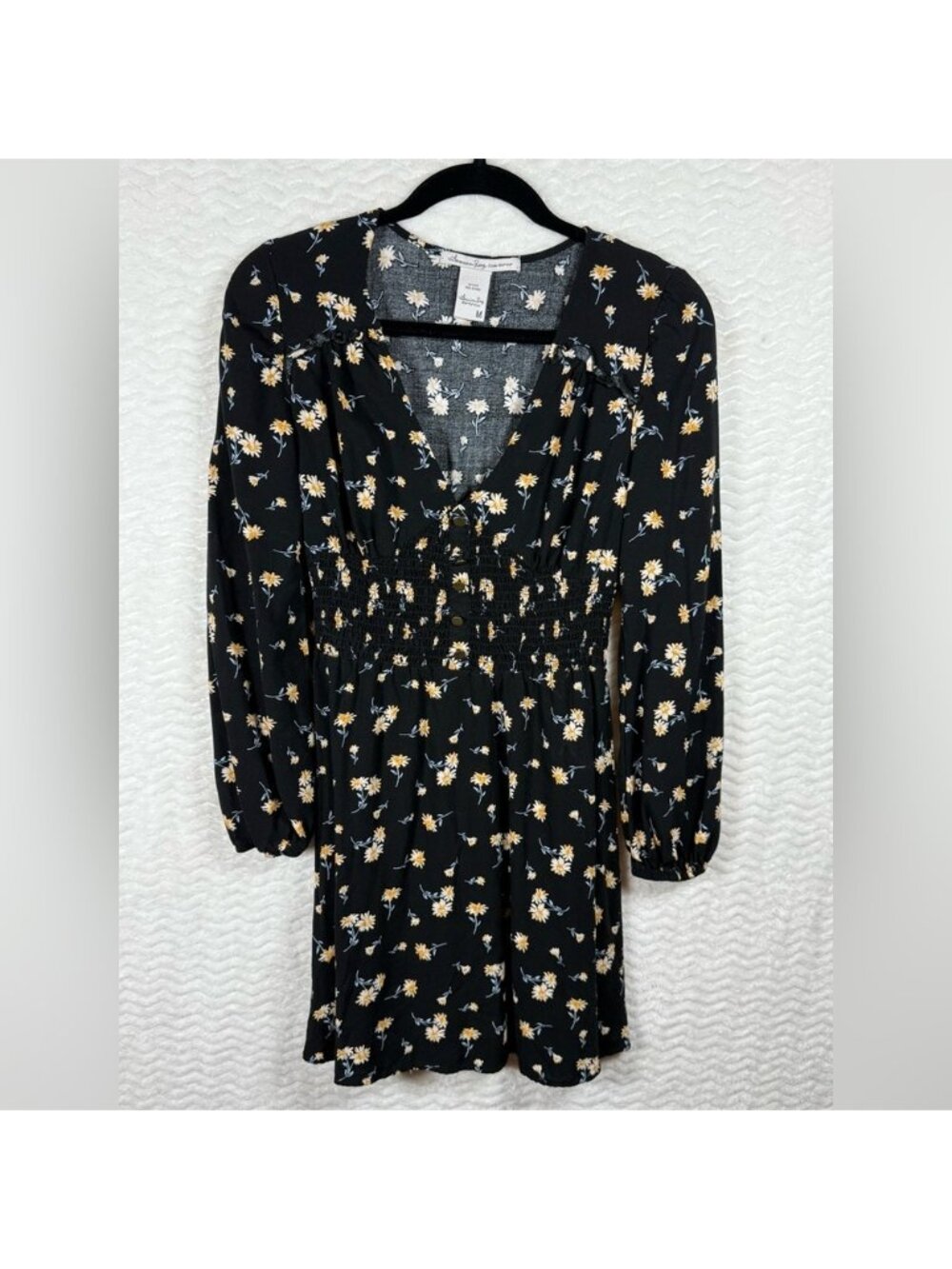 Black Floral Long Sleeve Smocked Waist Dress